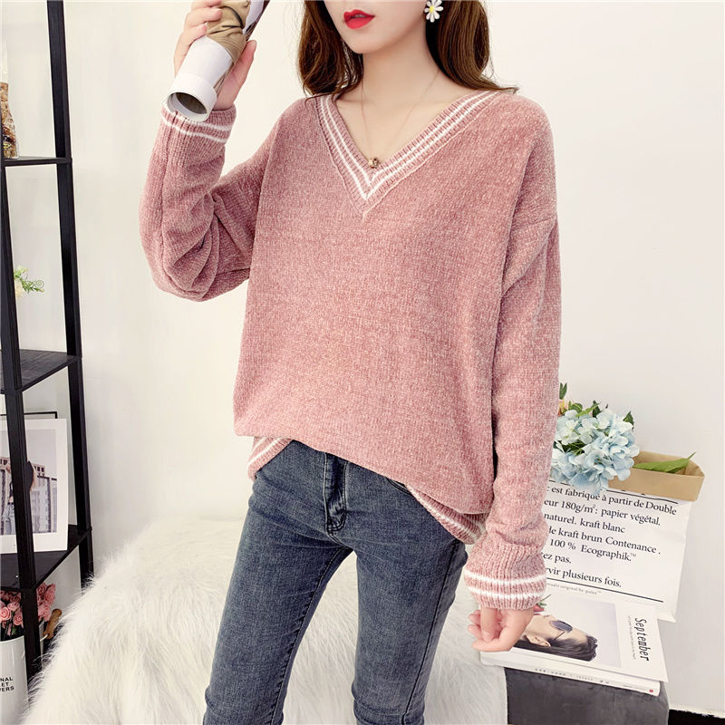 Winter Loose Wearing Chenille Sweater Coat Female Korean Fashion Wild V-neck Autumn Women 210427