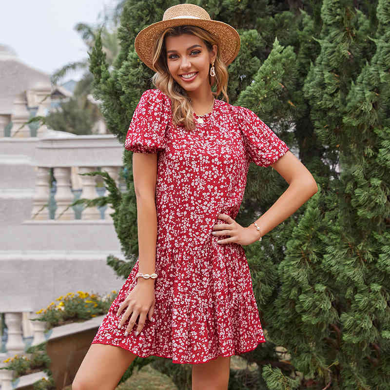 Foridol Floral Print Red Dress Women Casual A-line Summer Dress Oversized Beach Short Vintage Boho Dress Plus Size 210415