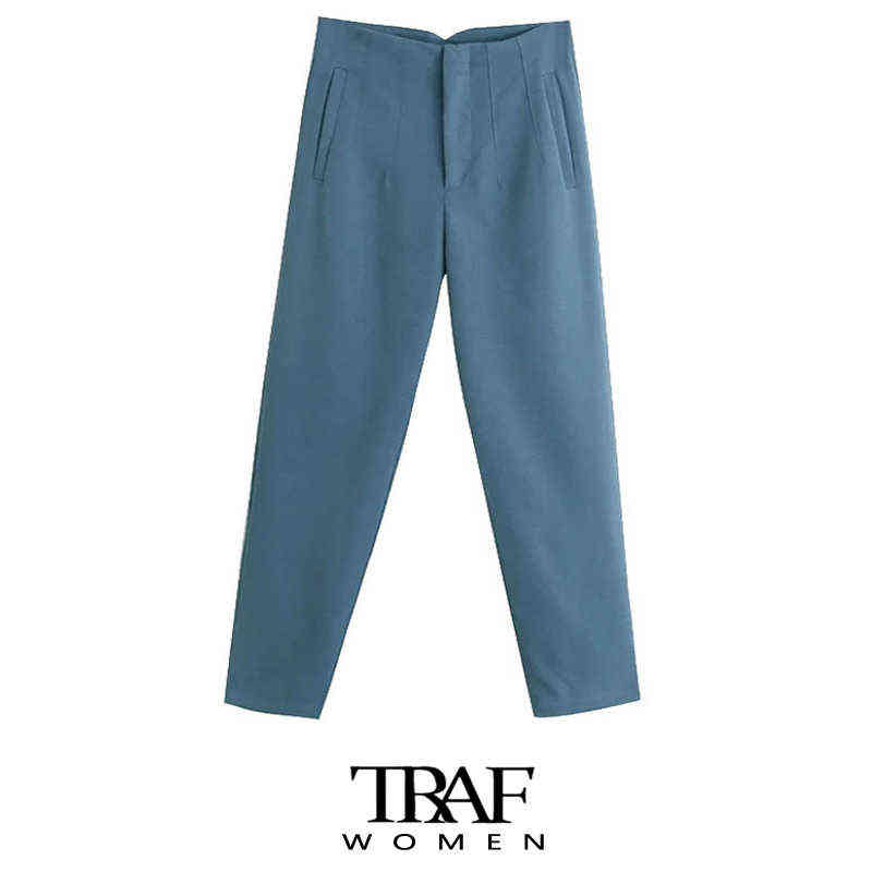 TRAF Za Women Chic Fashion With Seam Detail Office Wear Pants Vintage High Waist Zipper Fly Female Ankle Trousers Mujer 211115
