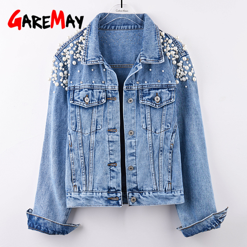 Women Pearl Beading Short Denim Jackets Turn-down Collar Jean Jacket for Loose Casual Long Sleeve Vintage Coat Female 210428