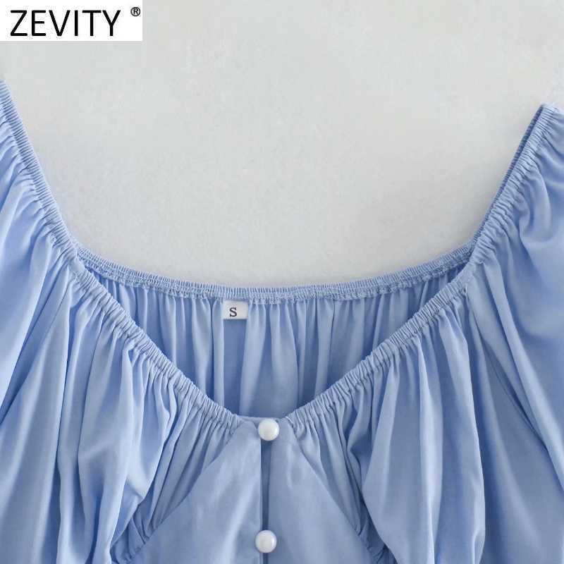 Zevity French Style Women V Neck Solid Color Short Shirt Femme Puff Sleeve Hem Elastic Pleated Slim Blouse Chic Crop Tops LS9347 210603
