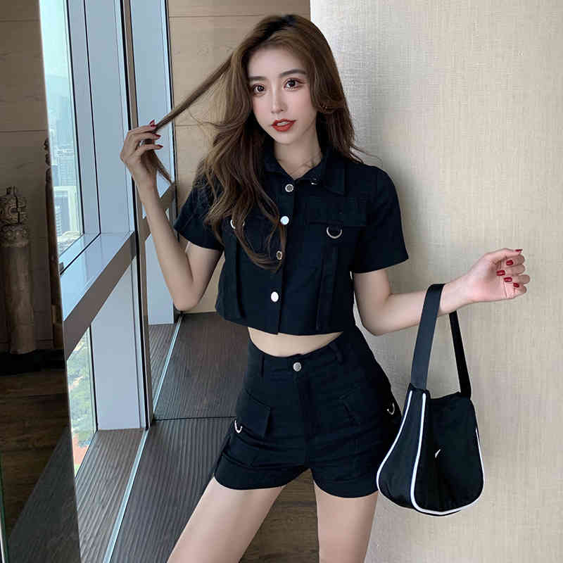 2 Piece Set Summer Women Casual Fashion Solid Color Lapel Short Sleeve Blouse Tops + High Waist Shorts Female 210519