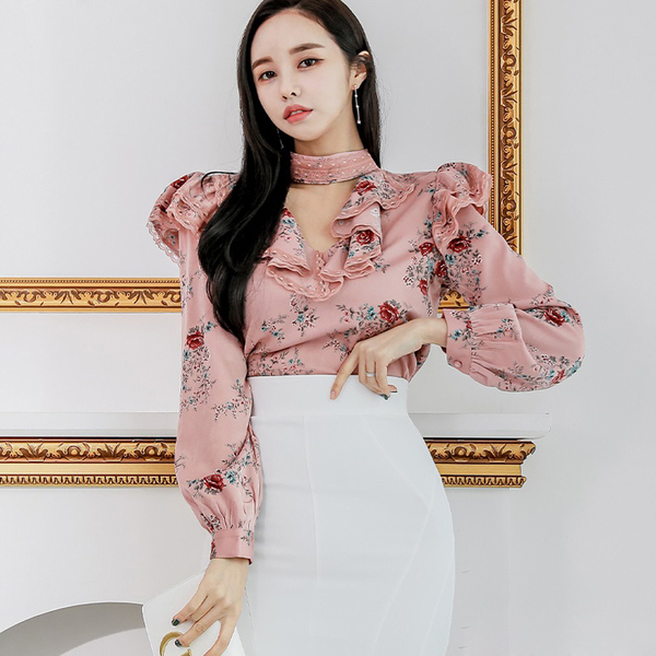 Women Spring Sexy OL Work Wear 2 Pieces Set Ruffles Flowers Long Sleeve Blouses & High Waist White Bodycon Pencil Skirt Sui 210519