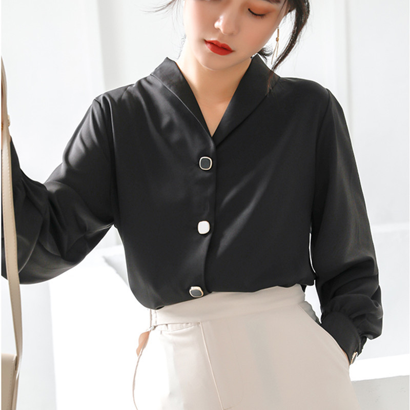 OL Elegant Career Shirt Autumn V-neck Solid Long-sleeved Loose Formal Chiffon Blouses Plus Size Women Clothing 210421