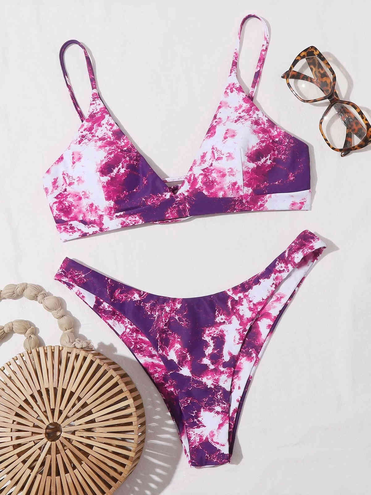 Beach Set Sexy Back Cross Lacing up Gradient Print Bikini Padded Bra Swimwear Swim Women Suit Swimsuit 2 pieces set 210429