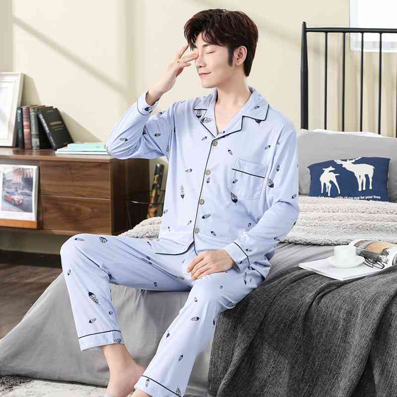 Style Men's Pajamas Set Spring Autumn Warm Cotton men Pajamas Sets Long Sleeve Sleepwear Top +Pant Leisure Wear Cloth 210812