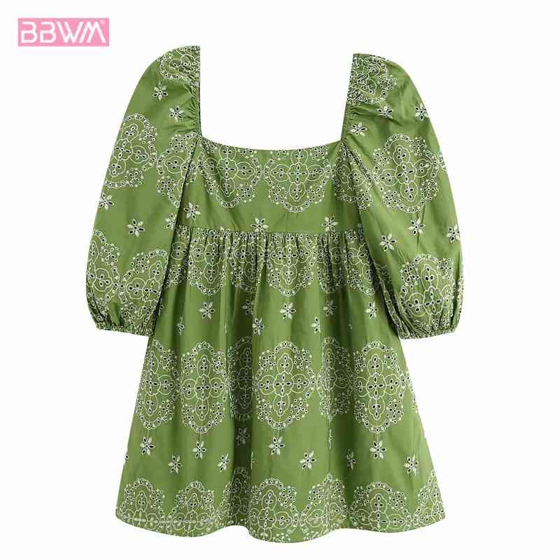 Summer Dresses with Short Sleeves and A Flat Back Vintage Floral Embroidered Frock-sleeve Dresses Fashionable Dress Female 210507