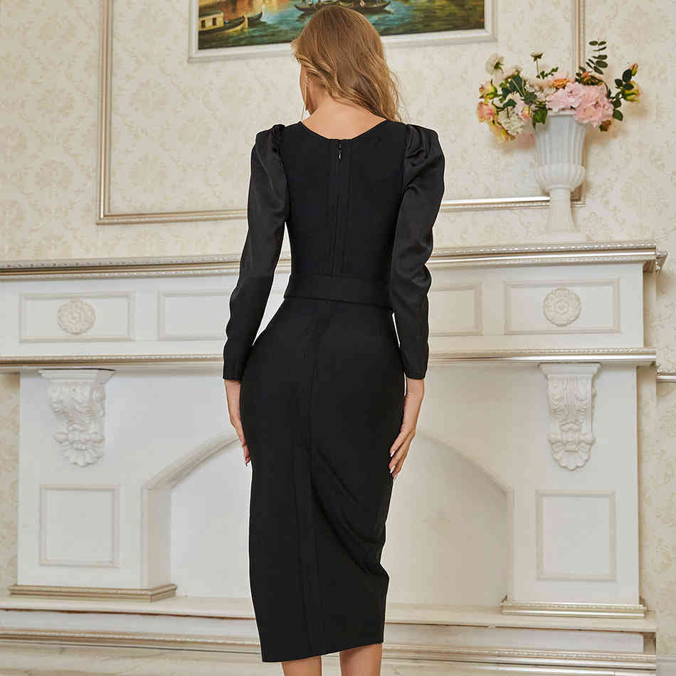 Summer Women Black Long Sleeve Club Bodycon Bandage Dress Sexy V Neck Belt Celebrity Runway Party Vestidos 210423