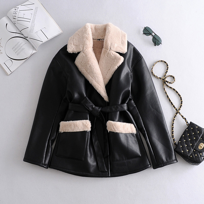 Winter coat women thick black PU leather jacket long sleeve faux fur Jacket Punk belt motorcycle 210521