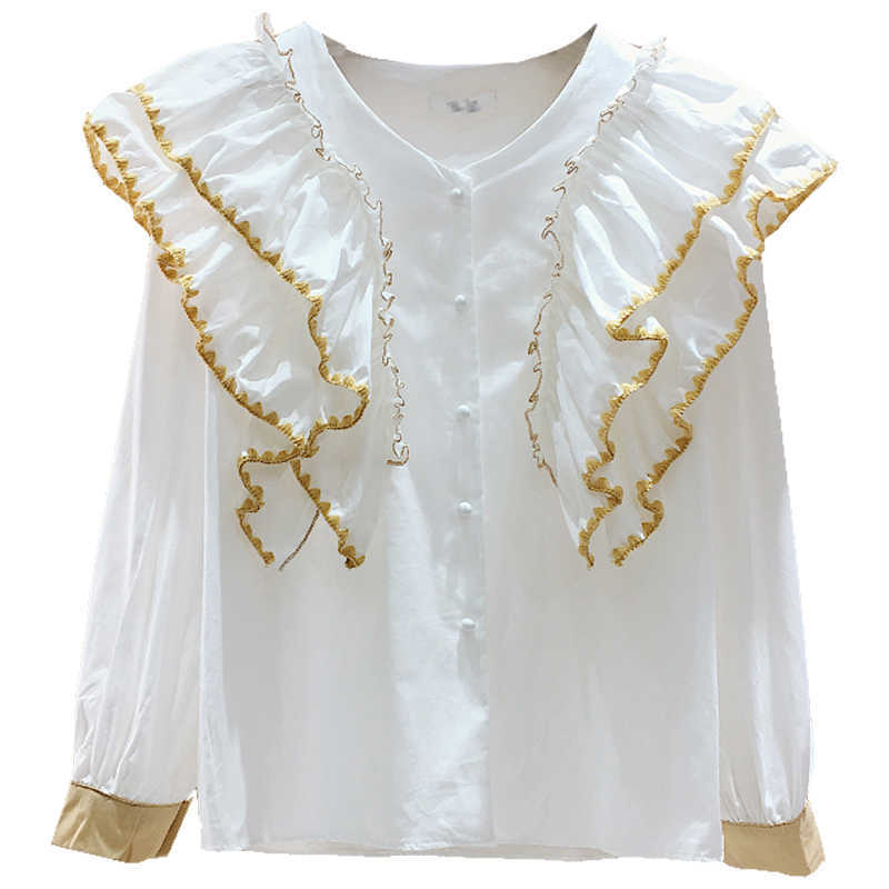 Vintage Contrast Ruffles Patchwork Solid O Neck Full Shirt Women's Spring Top Blouse 210615