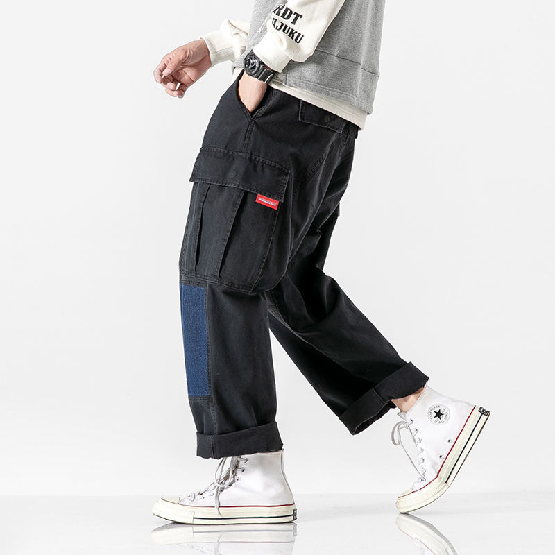 IEFB Spring Summer Contrast Color Loose Men's Straight Overalls Drawstring Bottom Workwear Trousers For Male 9Y6061 210524