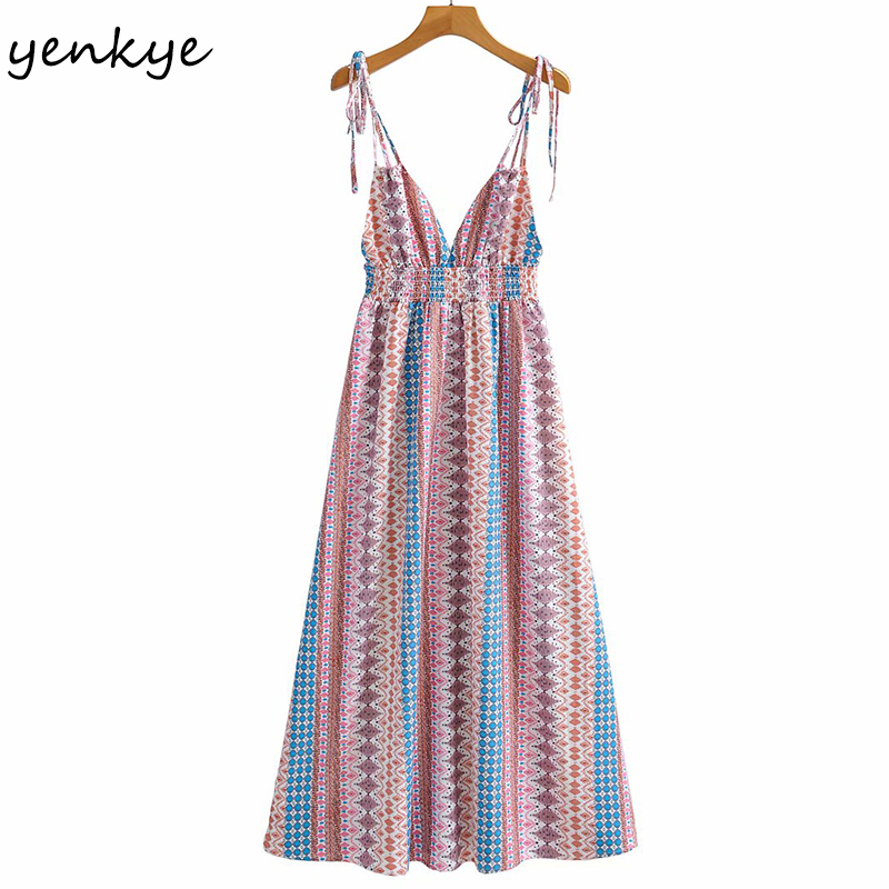 Sexy Sling Summer Beach Dress Women V Neck Elastic High Waist Casual Holiday Vintage Geometric Print Long Robe 210430