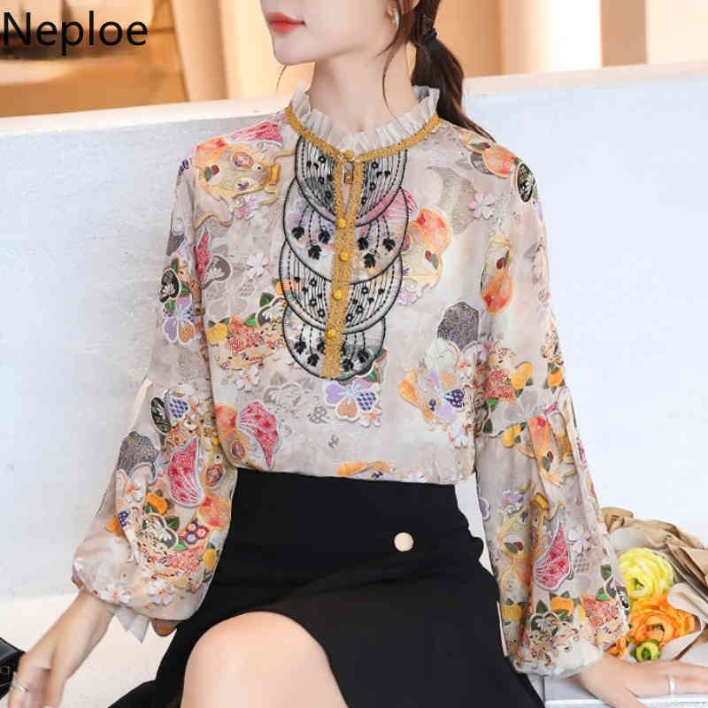 Neploe Vintage Blusas Mujer Print Chiffon Shirt Spring Loose Tops Stand Neck Lantern Long Sleeve Shirt Fashion Blouses Women 210422