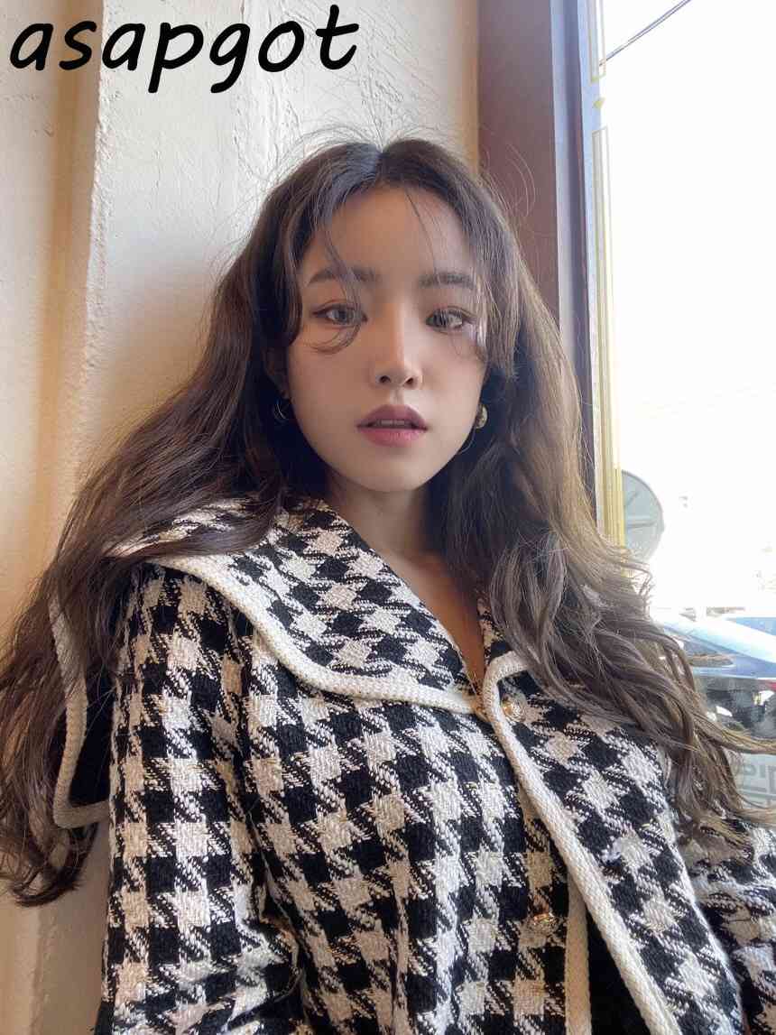Coats & Jackets Women's Clothing Chic Korean Vintage Long Sleeve Black White Contrast Color Sailor Collar Plaid Jacket Short 210429