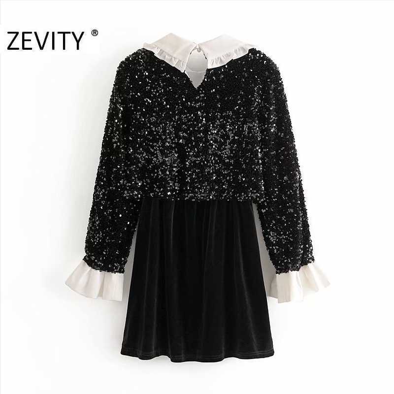 Zevity High Street Women Sweet Ruffles Peter Pan Collar Patchwork Sequins Mini Dress Female Black Velvet Casual Vestidos DS4583 210603