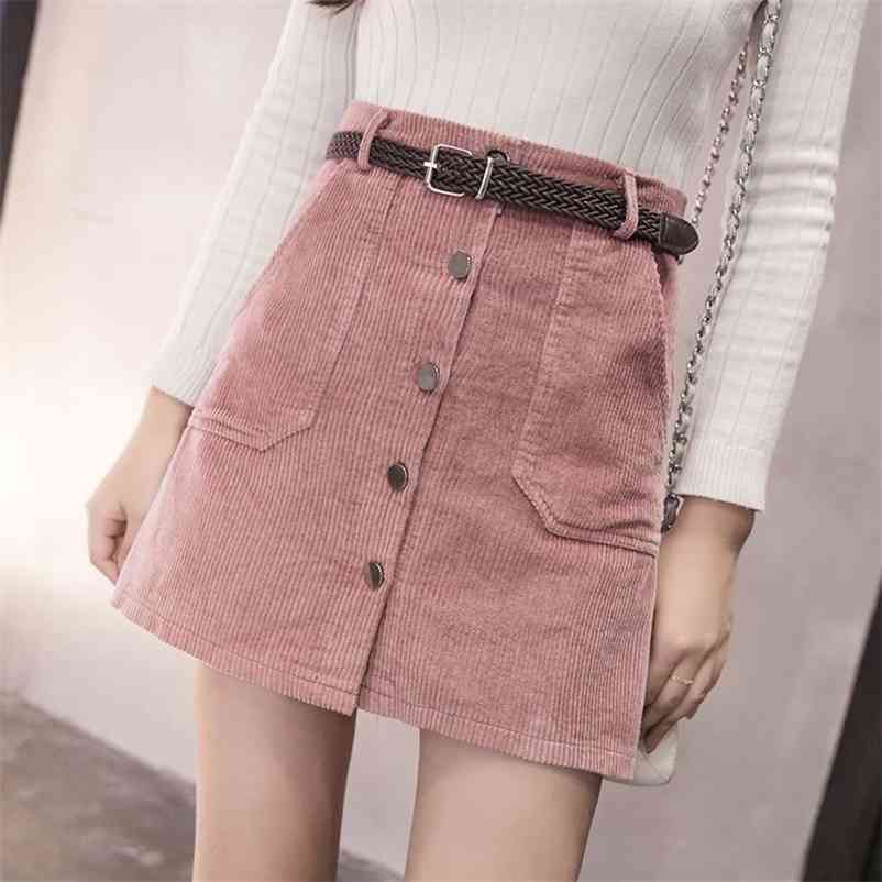 Autumn Office Short Skirt Denim Style Button A-line Corduroy High Waist Pocket Mini With Belt Bottoms 210510