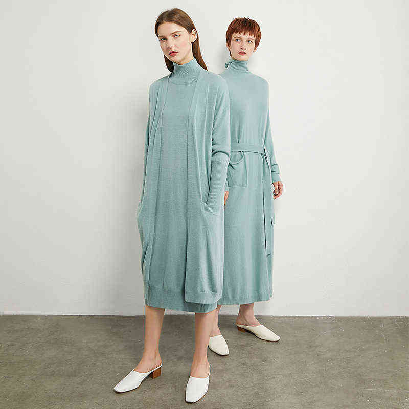 Minimalism Autumn Knitted Women Dress Causal Solid Turtleneck Sweater Calf-length Female 12030244 210527