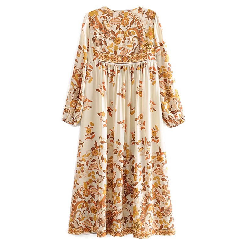 Bohemia Lacing up V neck Pteris flower Print Long Dress Khaki Ethnic WomanTassel Strappy Sleeve Holiday Dresses Beach 210429