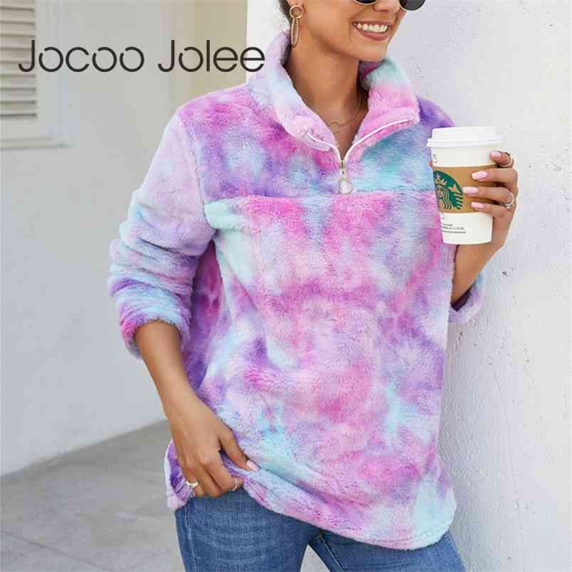 Autumn Winter Zipper Turtleneck Colorful Fleece Hoodies Fashion Rainbow Tie Dye Sweatshirt for Women Oversized Flannel Tops 210910