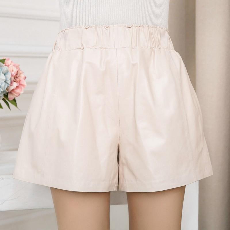High Quality Women Elastic Waist Wide Leg Short Pants 8 Colors Casual Streetwear Shorts Slim Fit Sheepskin Real Leather Women's