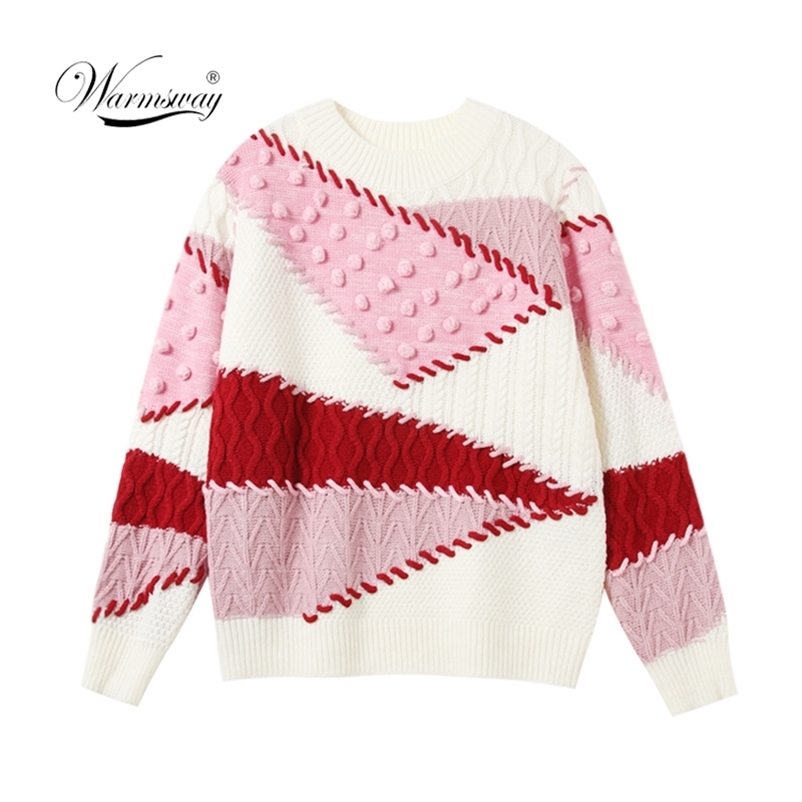 Warmsway Women Stylish Ball Patchwork Sweater Long Sleeve Pullover Female Casual Oversized Tops Plus Size C-022 210522