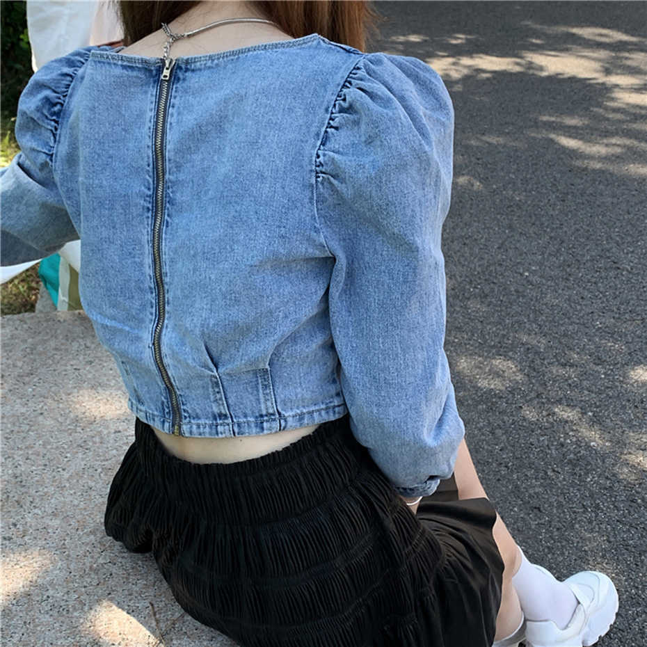 Denim Jeans Cropped Tops Women Back Zipper V-Neck Blouse Plus Size Crop Top Autumn Long Sleeve Street Wear Short Shirts 210601
