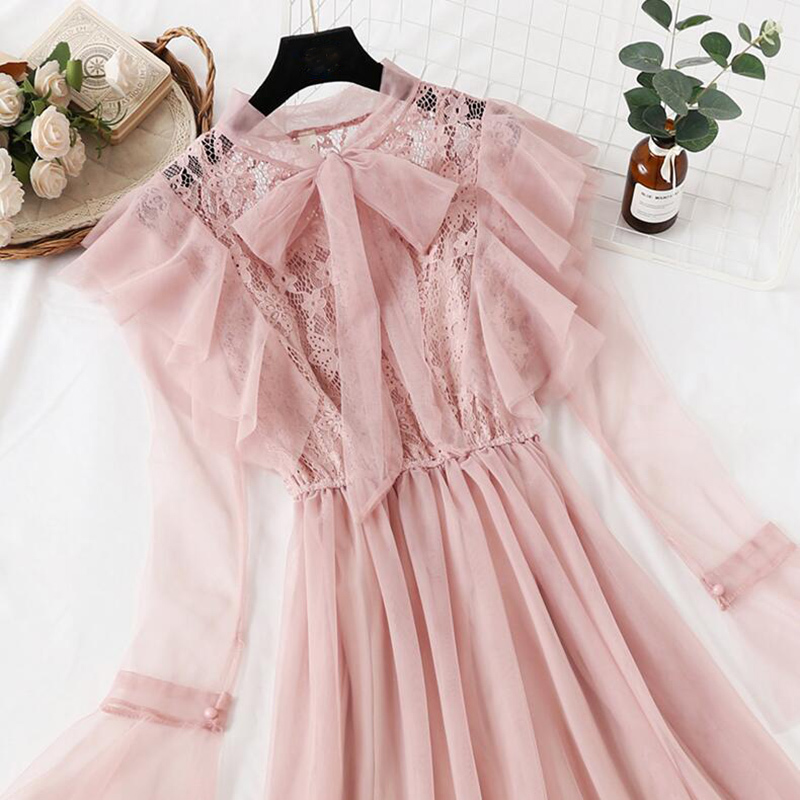 Long-Sleeved Party Dresses Women Ruffle Sweet Mesh Midi Dress Female Spring Summer Lace Dress Vestidos Two-piece Suit 210521