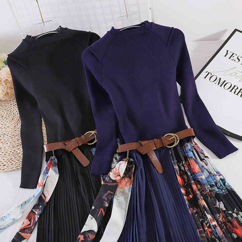 Elegant Knitted Pleated Dress Women Long Sleeve Vintage Blue Print Sweaterer Slim Midi Autumn 210506
