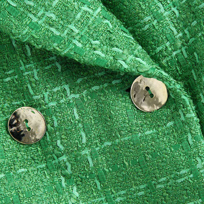 OneBling Za Simple Green Plaid Tweed Notched Double-Breasted Fitted Blazers Female England Style Short Coats Urban Outfits 211122
