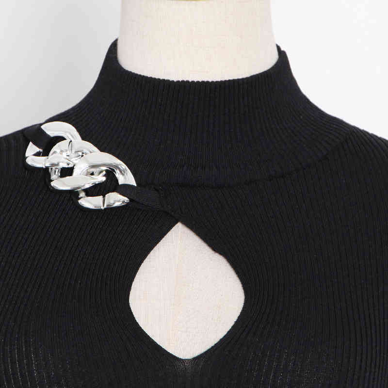 TWOTWINSTYLE Hollow Out Patchwork Chain Sweater For Women Turtleneck Long Sleeve Slim Knitted Tops Fashion Clothing 210517