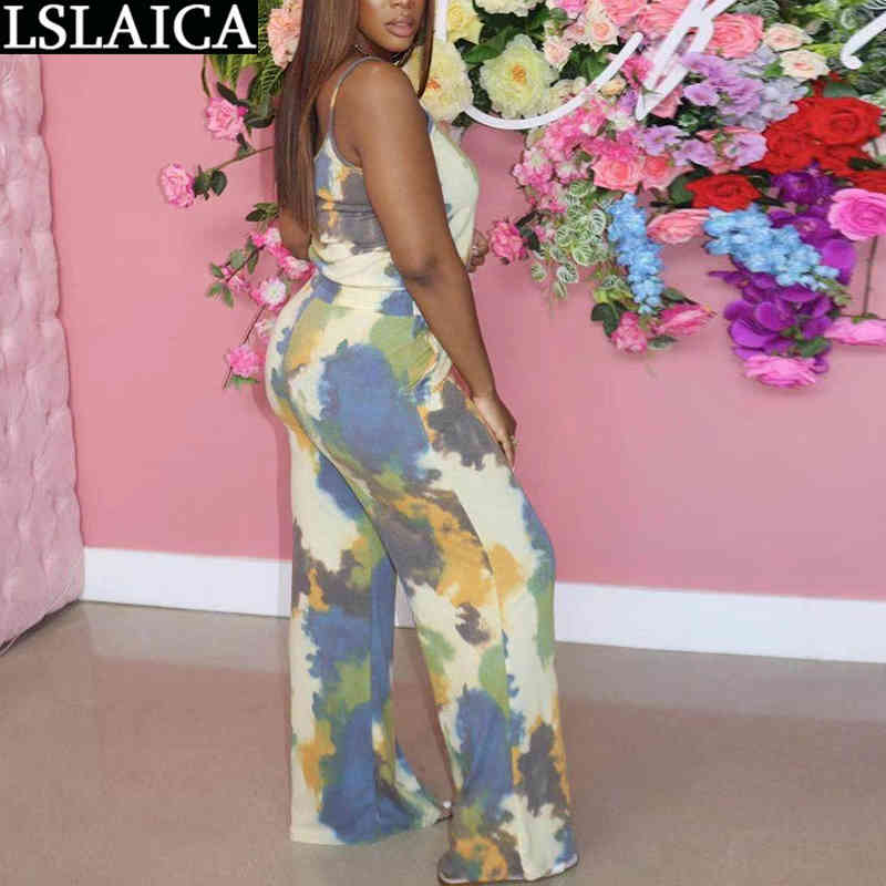Two Piece Set Women Pants Tie Dye Casual High Waist Drawstring Plus Size Summer Woman Outfit Streetwear Elegant Home Knit Suit 210520