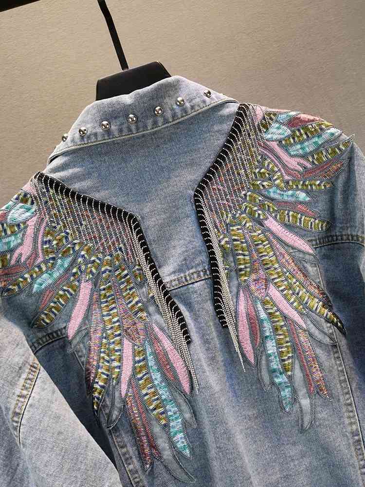 Denim Jacket Women's Fashion Spring Autumn New Loose Slim Wings Embroidered Tassel Full Top 210421