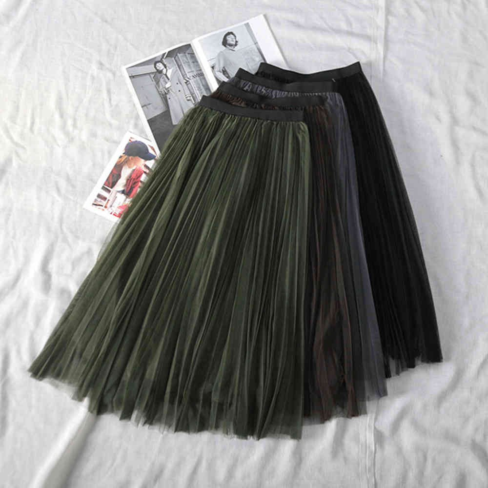 Gothic Style Lace Long Skirt Elegant Mesh Pleated A Line Korean Chic All-match Midi s High Waist 210428