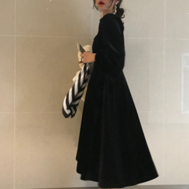 Square collar Party Female Vintage Dress Black Long Sleeve Women Dresses Evening Maxi Robe Vestido velvet little dress 265J 210420