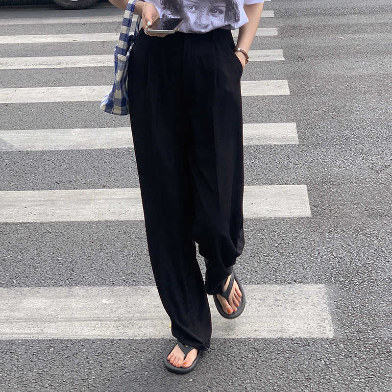 Qooth Womens Summer Straight Loose Split Pants Solid Drape Thin Causal Trousers Polyester High Waist with Pocket QT751 210609