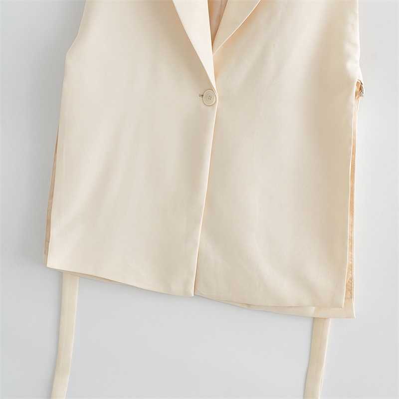 TRAF Women Fashion Solid Colorloose Side Slit Temperament Loose One-Button Suit Collar Sleeveless Vest Streetwear 210819
