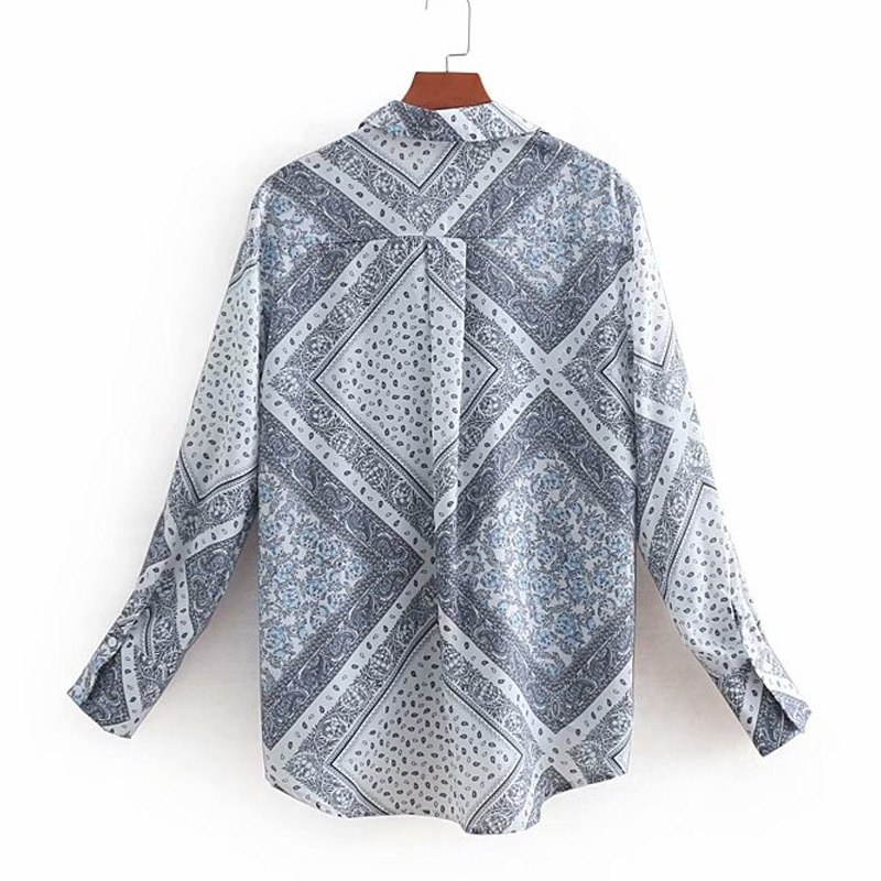 Elegant Lapel Long Sleeve Blouse Top: Chic Blue & White Porcelain Print For Women's Summer Fashion