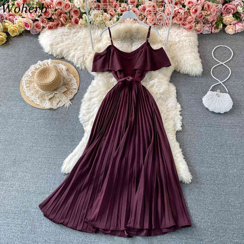Summer Dress Party Beach Style Off Shoulder Vestidos Elegant Robe Sexy Vinatge Spaghetti Strap Pleated Dresses Women 210519
