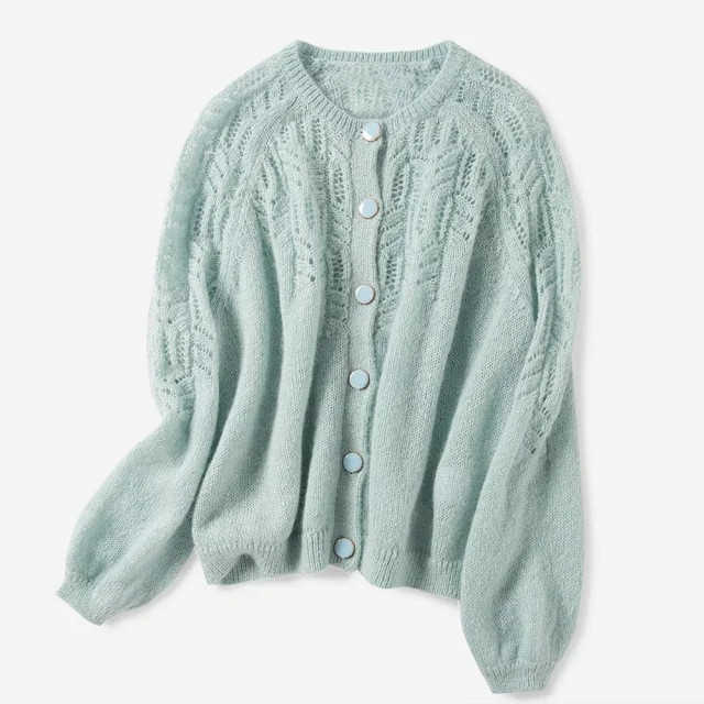 Spring Women Hollow Out Knitted Cardigan O Neck Solid Color Single Breasted Knitted Sweater Knitwear 210918