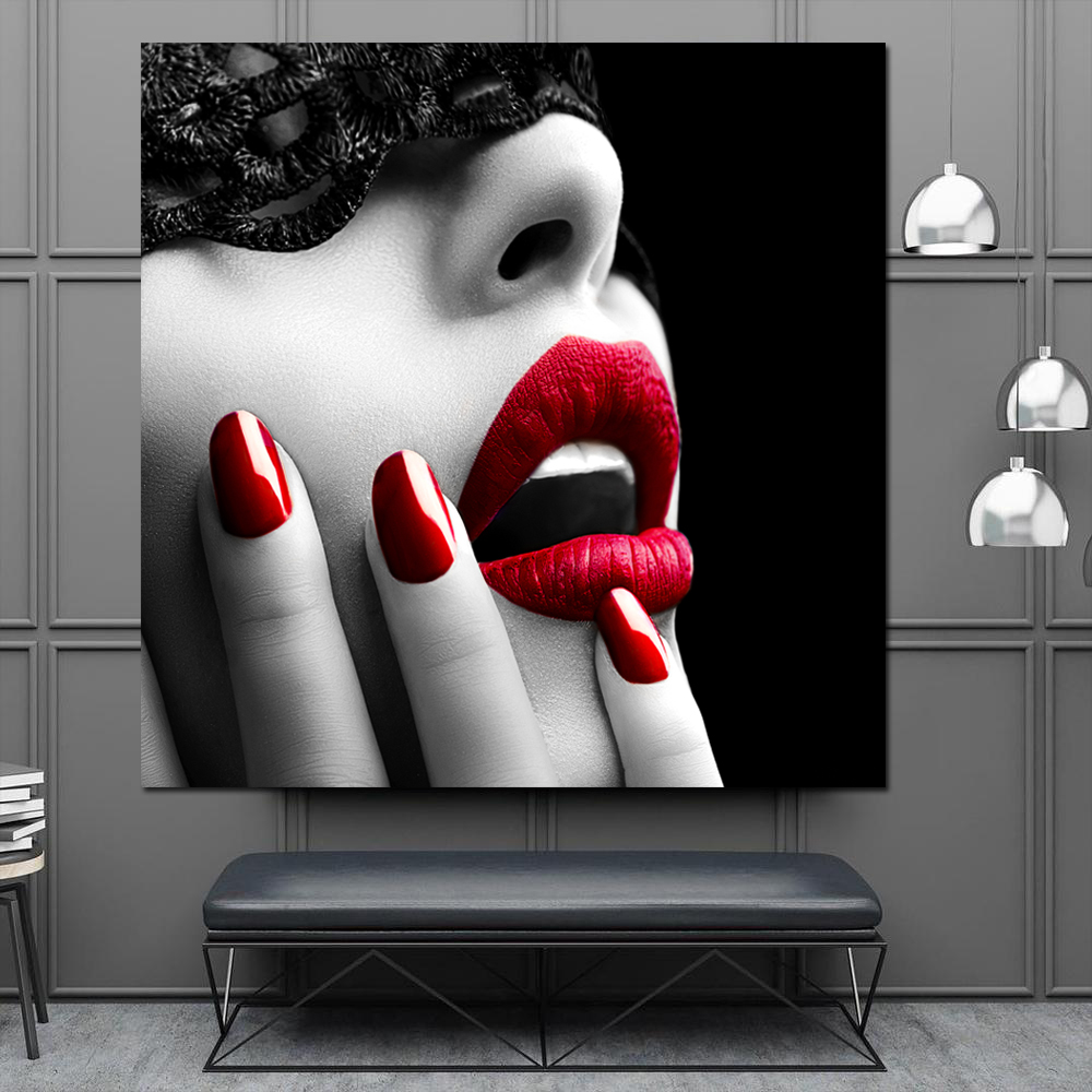 Wall Art Posters and Prints Sexy Women Red Lips and Nails Canvas Painting Wall Art for Living Room Modern Decoration