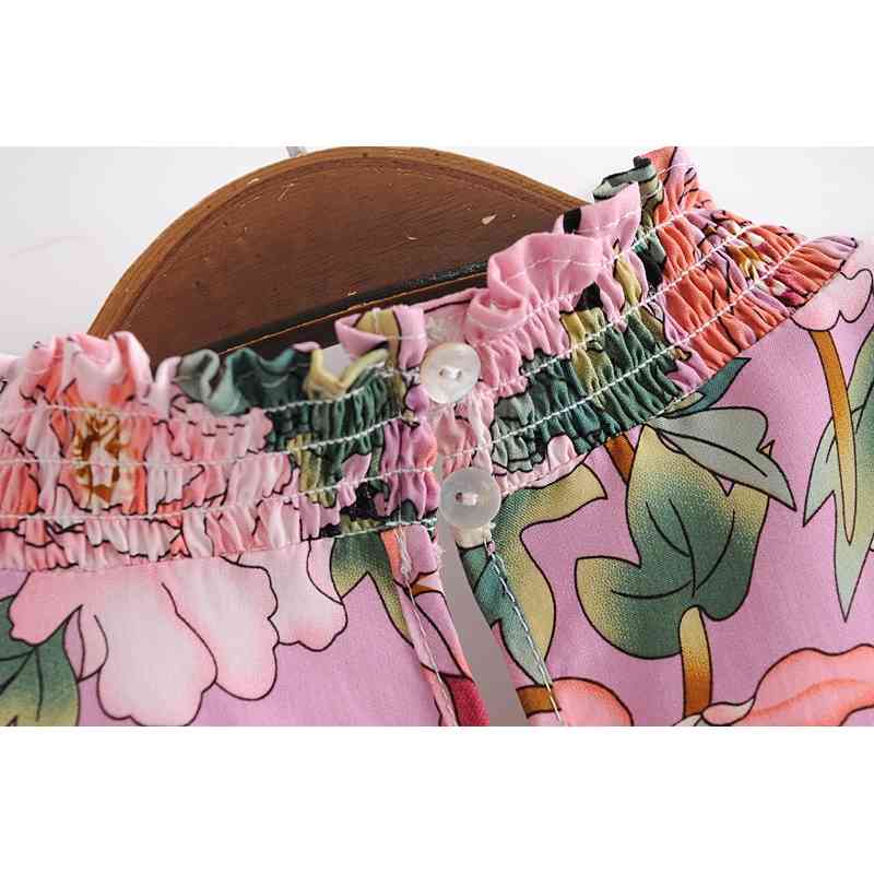 Bohemia Elastic Ruched Turtleneck Pink Floral Print Swing Long Dress Hippie Women Stretch Waist Midi Dresses Holiday Autumn 210429