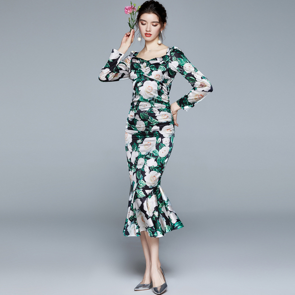 Runway Women's elegant Square collar Long sleeve Vintage Flower print Mermaid Party Ruffles Bodycon Dress 210519