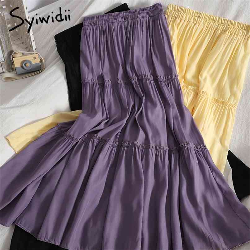 Elastic High Waist Ruffles Spliced Midi Skirts Women A-Line Purple White Yellow Summer Clothing Korean Fashion 210607
Elastic High Waist Ruffles Spliced Midi Skirts Women A-Line Purple White Yellow Summer Clothing Korean Fashion 210607