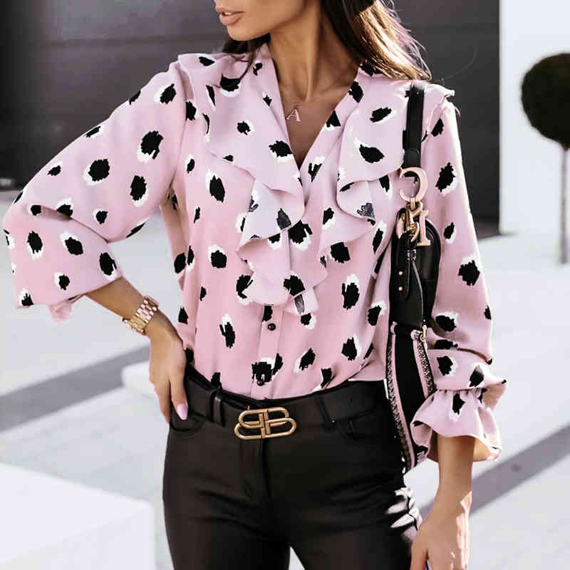 Elegant Dot Ruffles Blouse Shirt Clothes Long Sleeve Blouses Ladies Womens Fashion Tops and Blouses Korean Spring Autumn 210415