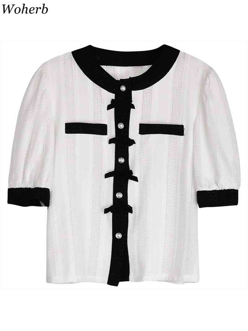 Elegant Lace Hollow Out Blouses Summer Fashion Slim Fit Puff Sleeve Single Breasted Women Shirts Korean Blusas 210519