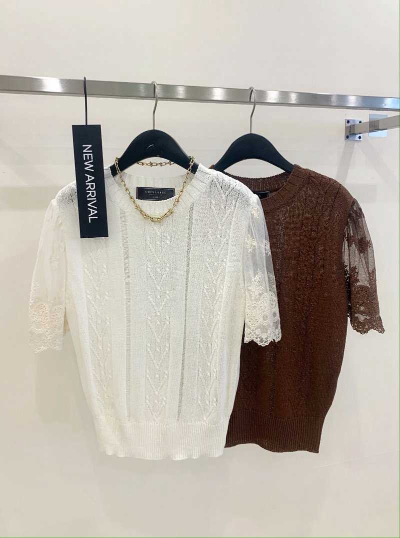 Mesh Lace Short Sleeve Patchwork Knitted Top Causal O-neck Ice Silk Knitwear Women Summer Elegant Jumper 6H150 210603
