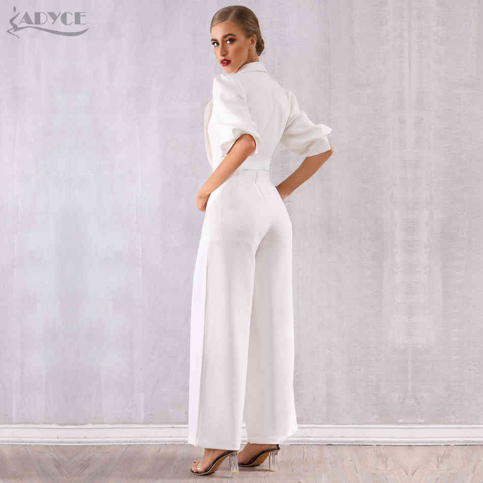 White Celebrity Runway Jumpsuit Women Sexy Deep V-Neck Long Sleeve Sashes Rompers Bodycon Bodysuits 210423
