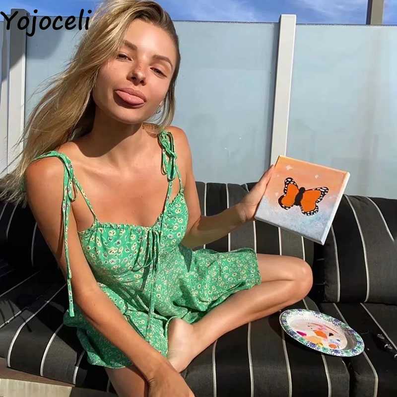 Yojoceli Elegant ruffle print floral dres Summer beach casual daily short Strap white female sun vestidos 210609