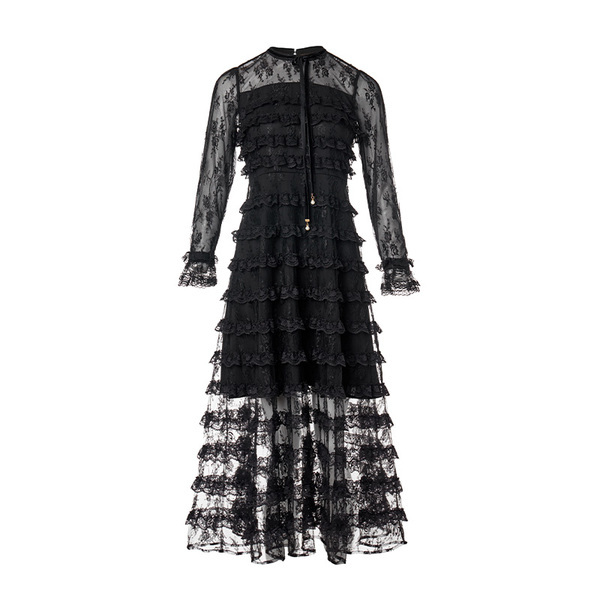 Layer Ruffles Cake spring Dress Women Long Sleeve Bow Mesh Lace Dress Robe Femme Sexy Dress Vestidos Midi Party Dresses 210518