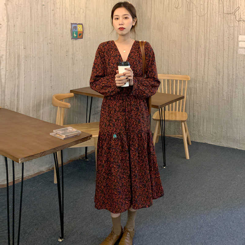 LY VAREY LIN Spring Women Elegant V-neck Long Sleeve Dress Full Elastic Waist Floral Vestidos 210526